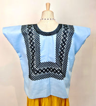 Load image into Gallery viewer, Handmade Mexican Huipil — Oaxaca— Blue and Black Cadenilla