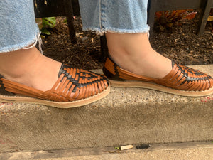 Women’s Mexican Huarache Sandals -- Tan & Black Leather