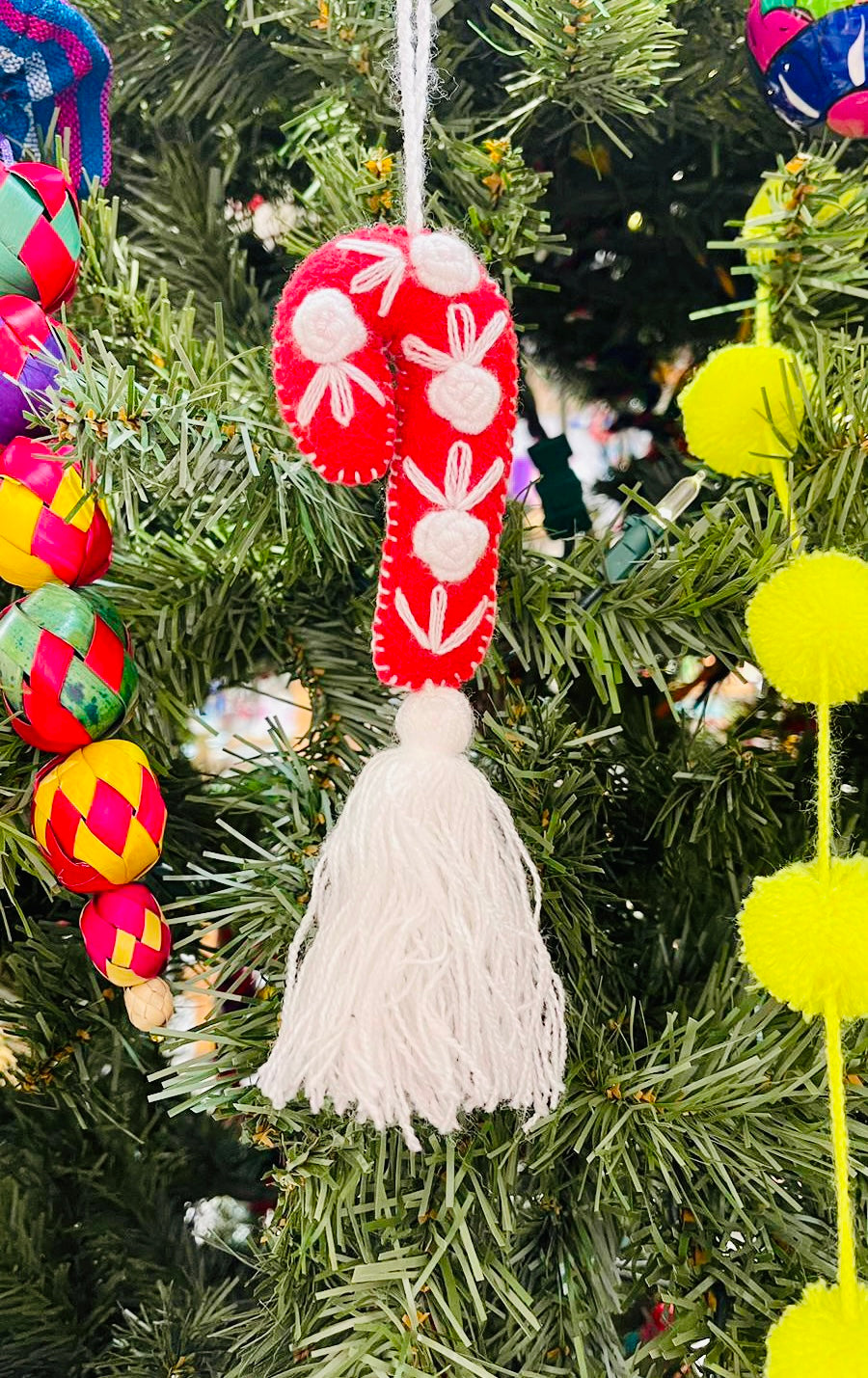Candy Cane Handwoven Pompom Ornament