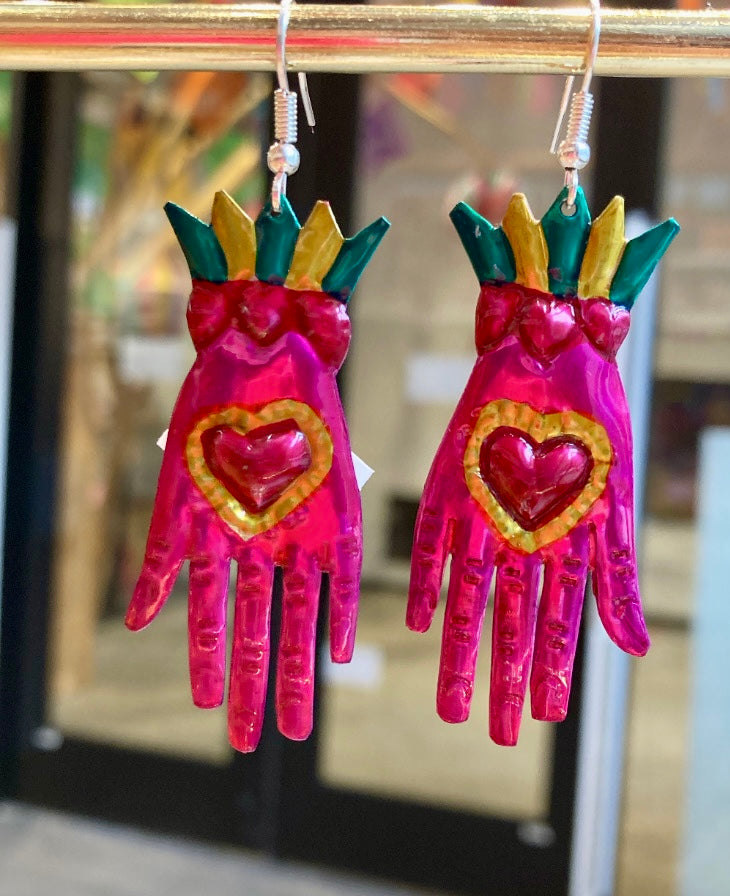 Oaxacan Tin Hand Heart Earrings