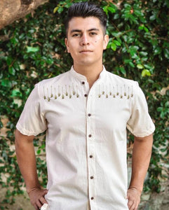 "Los Agaves" Men's Oaxacan Dress Shirt — Beige/Green