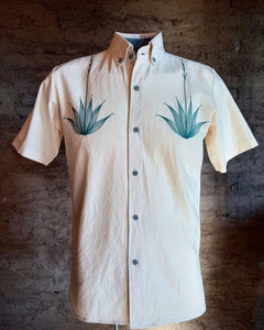 Agave ‘Dos Matas’Men's Oaxacan Dress Shirt — Beige/Green